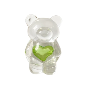 Transparent bear phone grip with green heart, minimalist acrylic telescopic socket stand