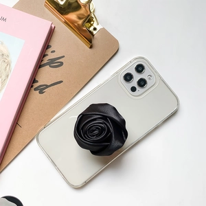 Handmade black fabric rose phone socket grip on clear case with elegant accessories