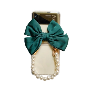Clear case for Samsung Z Flip with dark green satin bow and pearl bracelet handle
