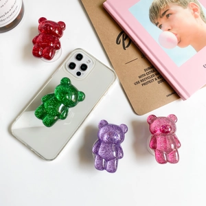Sparkly bear phone grip set with glitter resin design in four vibrant colors