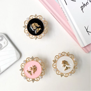 Baroque style phone grip stand set with gold floral relief pearls and rhinestones