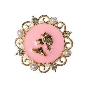 Vintage gold plated phone grip with pink enamel portrait and faux pearl crystal inlay