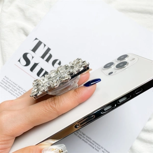 Luxe silver rhinestone expandable phone socket grip with square mirror finish