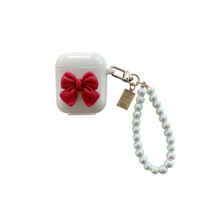AirPods protective hard case with red bow, pearl strap and gold-tone lobster clasp
