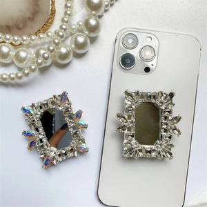 Luxury rhinestone phone grip stand with mirror, featuring a square collapsible diamond design