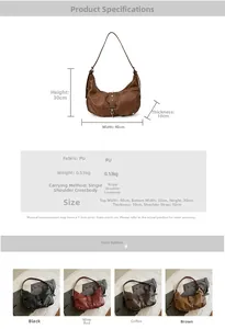 Detailed size chart and specifications for the star-studded PU leather crescent bag