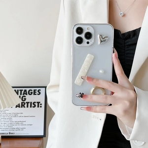 Luxury 3D Heart Marble Pattern Phone Case With Metal Ring Stand Artificial Pearl Decor Transparent Minimalist Lightweight Protective Cover