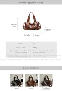 Detailed dimension chart for vintage large tote bag showing 39x22x16cm PU leather design