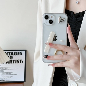 Chic transparent iPhone case with silver 3D heart, pearls and marble textures
