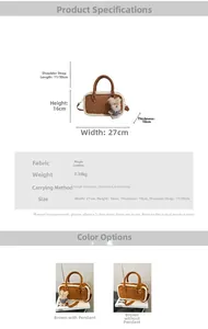 Detailed technical diagram showing dimensions and size specifications of the brown suede bag