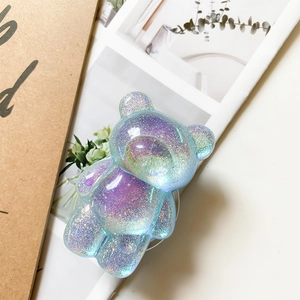 Blue-purple gradient glitter bear-shaped expandable phone grip with holographic resin finish