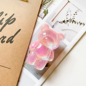 Pink holographic glitter bear pop socket grip for smartphone with cute resin finish