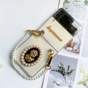 Foldable Phone Case With Artificial Pearl Bracelet Chain Retro Cameo Relief Zodiac Sagittarius Pattern Elegant Protective Shell