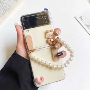 Cute 3D Girl Heart Transparent Folding Case For Foldable Smartphones With Faux Artificial Pearl Hand Chain Kawaii Protective Cover