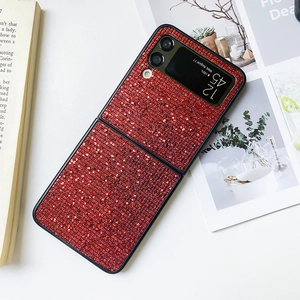 Detail of red glitter rhinestone foldable case for Samsung Z Flip 3 with black edges