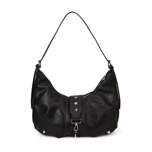 Retro black hobo tote bag with silver star rivets and glossy leather texture
