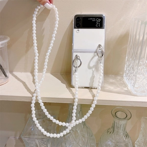Elegant white pearl crossbody strap with silver rings for Samsung Z Flip series cases