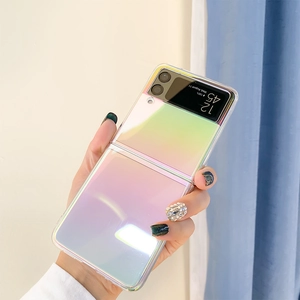 Close-up of slim iridescent gradient case for Samsung Z Flip with colorful light reflection
