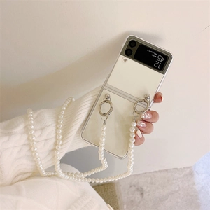 Clear case for Samsung Z Flip with elegant long pearl cross-body strap and silver hardware