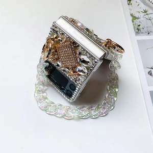 Luxury Z Flip3 case with sparkling rhinestones, pearls and stylish acrylic chain handle