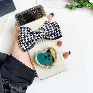 Houndstooth Bow Phone Case With Rhinestone Mirror Stand Folding Flip Protective Cover For Samsung Z Flip Series Women