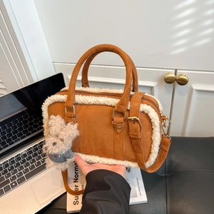 Retro Suede Shoulder Bag With Faux Lamb Wool Trim Crossbody Handbag Winter Casual Tote For Women With Plush Bear Charm