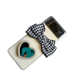 Samsung ZFlip7 case with houndstooth bow and heart-shaped mirror pop socket stand