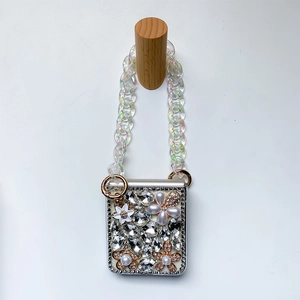 Luxury rhinestone Samsung Z Flip case with pearl flower charms and crystal chain handle