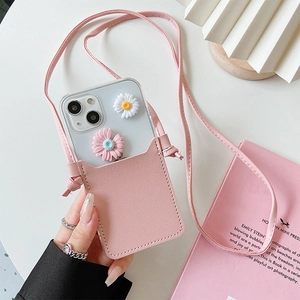 Pink faux leather crossbody phone case for iPhone with card slot and slim shoulder strap