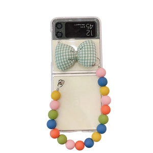 Transparent ZFlip protective case with green plaid bow and colorful beaded hand strap