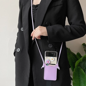 Detail of purple leather crossbody phone bag for Z Flip 6 showing card holder slot