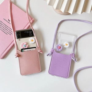 Crossbody phone bag for Galaxy Z Flip series featuring 3D daisy and leather strap