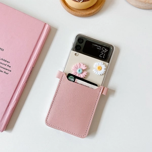 Pink leather adhesive phone card holder with lychee grain and card slot on pink Z Flip 6