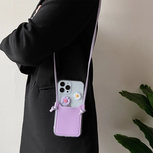 Lavender iPhone crossbody case with 3D daisy flowers and slim shoulder strap