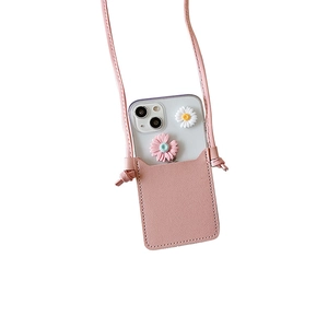 Pink faux leather crossbody phone bag with floral daisy decor for iPhone 16 series