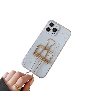 Blue glitter iPhone 16 Pro Max case with silver foil and gold metal handle kickstand