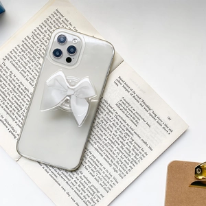 Expandable Phone Griptok Stand White Satin Fabric Bow Clear Acrylic Base Adhesive Finger Ring Holder For Women Girls