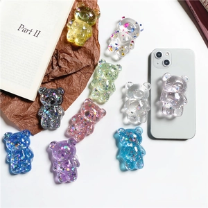 Cute 3D Bear Phone Griptok Expanding Grip Stand Transparent Resin Glitter Sequins Foldable Cellphone Socket Holder Universal