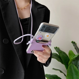 Purple leather crossbody case for Samsung Z Flip 6 with daisy decor and card holder