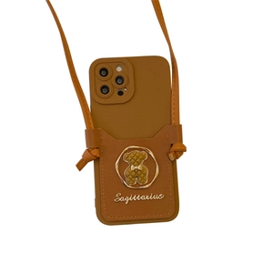 Brown leather iPhone case with bear card holder and crossbody strap for protection