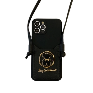 Black crossbody card holder phone case with Sagittarius bear icon for iPhone 16 Pro Max