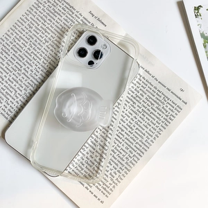Minimalist transparent phone case with white fish-patterned expandable air cushion stand