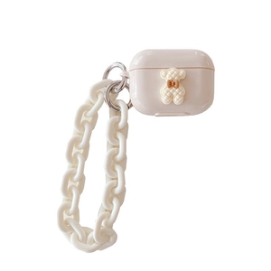 Χαριτωμένη θήκη AirPods με αρκουδάκι σε μπεζ χρώμα και κομψή λευκή αλυσίδα χειρός