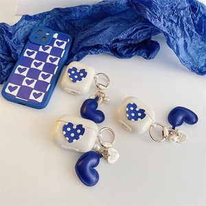 Wireless Earphone Case With Blue Polka Dot Heart And Faux Leather Pendant TPU Silicone Cover Compatible With AirPods Pro