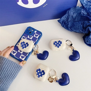 Blue and white heart pattern earbuds case with blue heart leather charm and metal chain