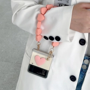 Foldable Smartphone Case Transparent TPU With Heart Decoration And Beaded Resin Wrist Strap Fashion Chic For Women