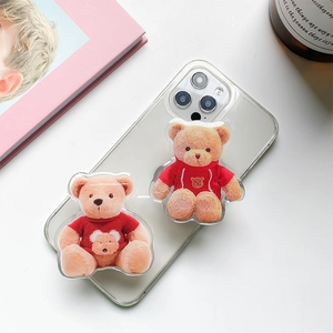 Cute 3D teddy bears in red sweaters on transparent phone case with air cushion stands