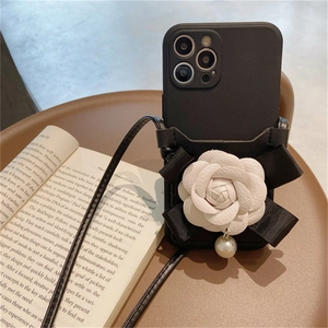 Crossbody Phone Case Elegant Camellia 3D Flower TPU Leather Card Holder Ribbon Bow Artificial Pearl Pendant For Women
