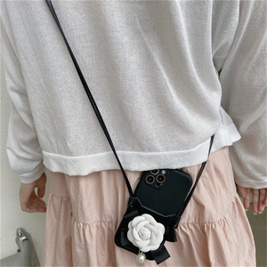 Crossbody phone case with white camellia flower and pearl charm for iPhone series