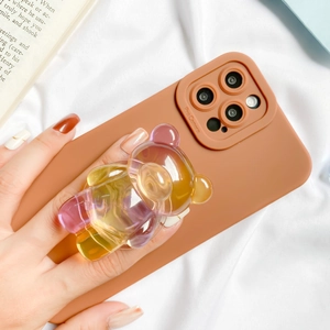Brown silicone phone case with colorful gradient 3D bear folding grip for iPhone